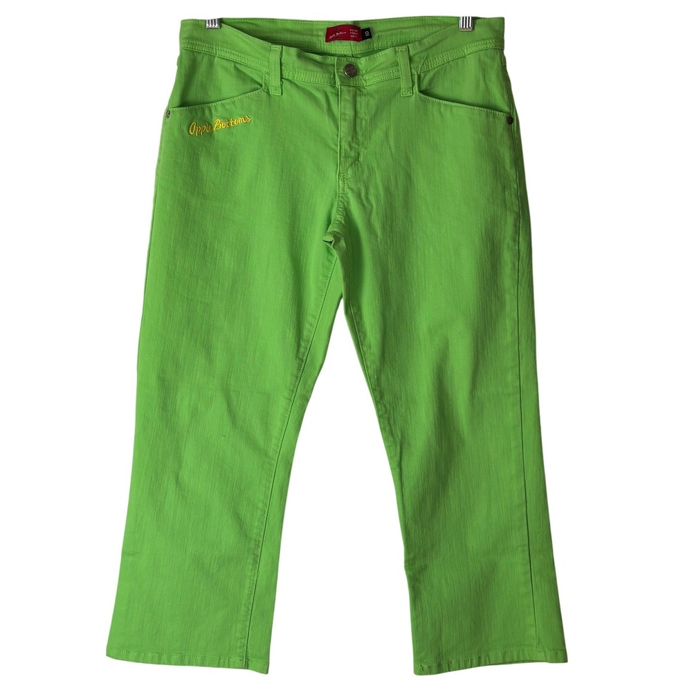 Apple Bottoms Cropped Jeans Lime Green Womens 10 Y2K Embroidered Logo Capri EUC